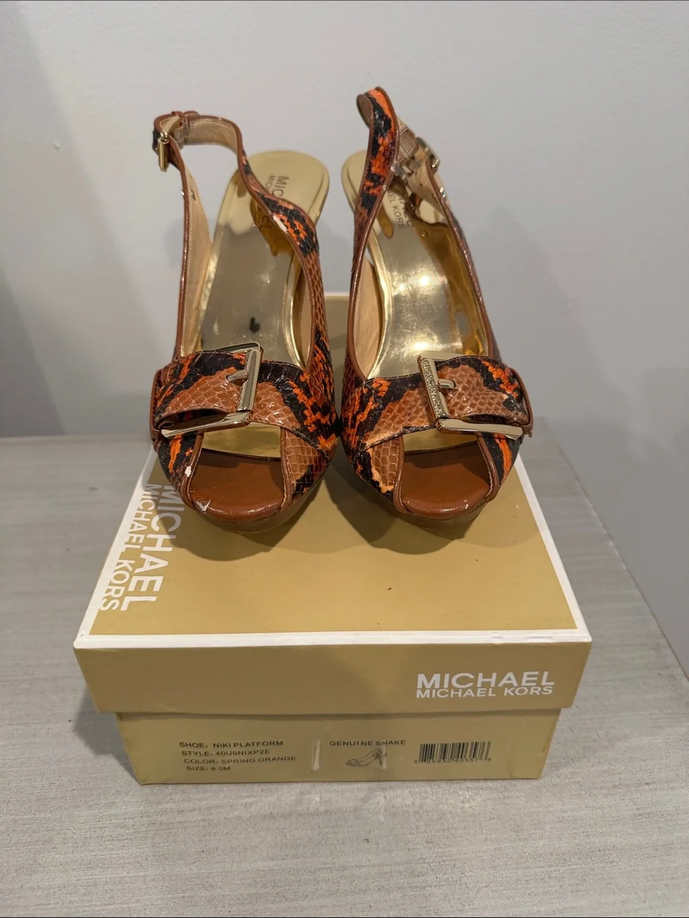 Michael Kors Orange and Black Snake-Print Platform Slingback Heels
